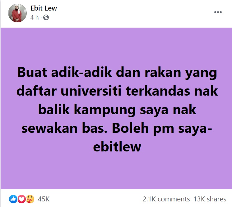 Ustaz Ebit Lew Sewa Bas Hantar Pelajar Terkandas Balik Kampung