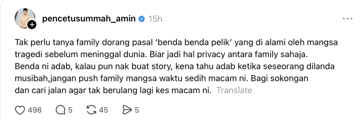 “Tak Perlu Tanya Keluarga Pasal Benda Pelik Dialami Mangsa Tragedi Sebelum Meninggal Dunia” “Tak Perlu Tanya Keluarga Pasal Benda Pelik Dialami Mangsa Tragedi Sebelum Meninggal Dunia”