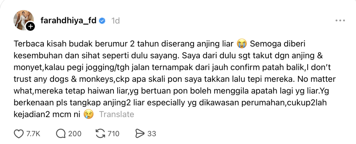 “Yang Bertuan Pun Boleh Menggila…” – Farahdhiya Harap Tindakan Segera Terhadap Anjing Liar “Yang Bertuan Pun Boleh Menggila…” – Farahdhiya Harap Tindakan Segera Terhadap Anjing Liar