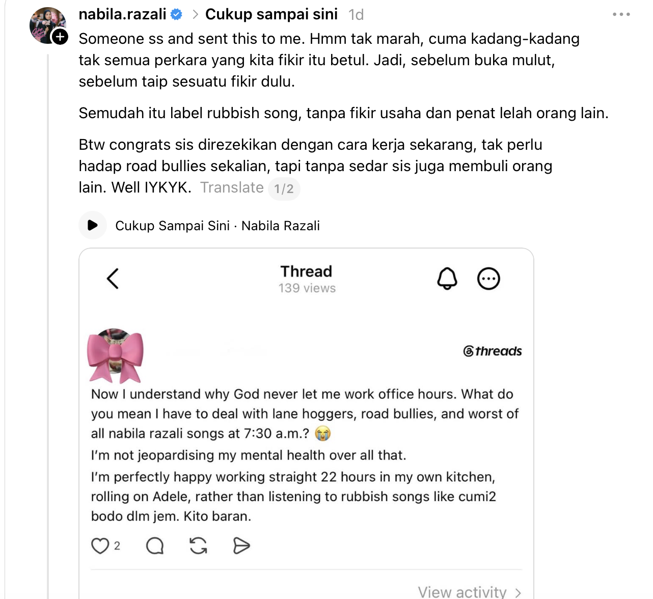 “Sebelum Taip Fikir Dulu” – Nabila Razali Kecewa Lagu Dilabel Sampah “Sebelum Taip Fikir Dulu” – Nabila Razali Kecewa Lagu Dilabel Sampah