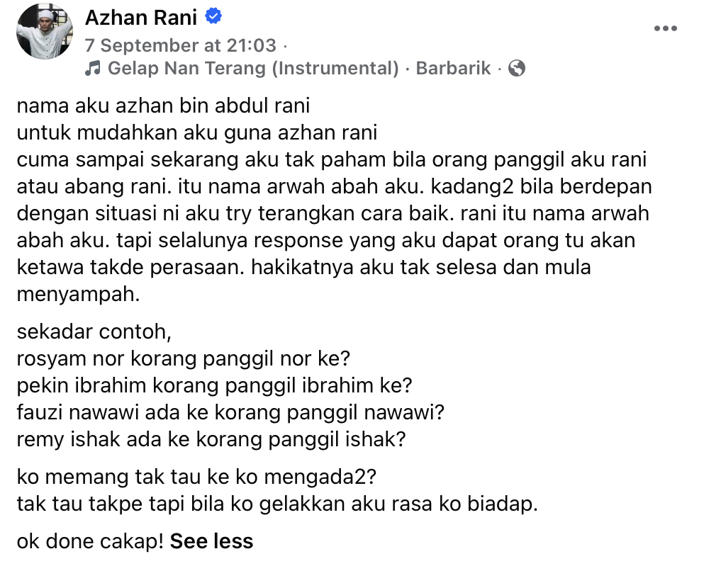 “Itu Nama Arwah Abah Aku” – Azhan Rani Tak Selesa Dipanggil ‘Rani’ “Itu Nama Arwah Abah Aku” – Azhan Rani Tak Selesa Dipanggil ‘Rani’