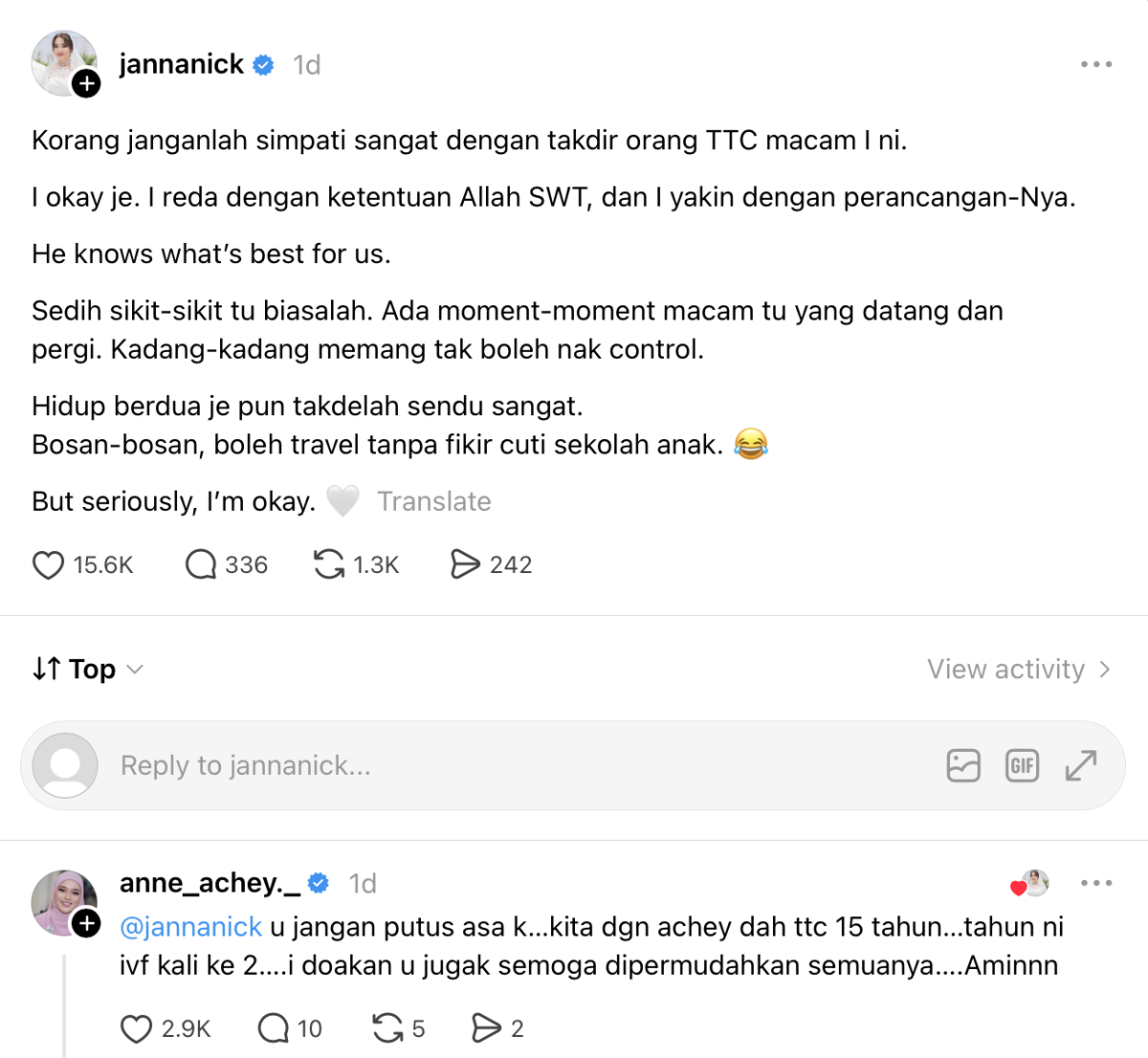 “Korang Janganlah Simpati Sangat Dengan Takdir Orang TTC Macam Saya” “Korang Janganlah Simpati Sangat Dengan Takdir Orang TTC Macam Saya”
